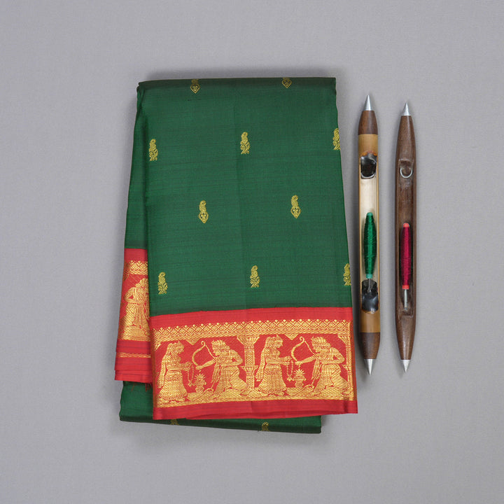 Hayagrivas Bottle Green Handloom Kanjivaram Silk Saree with Red Border KBD2060C5-11