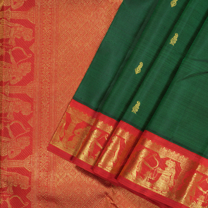 Hayagrivas Bottle Green Handloom Kanjivaram Silk Saree with Red Border KBD2060C5-11