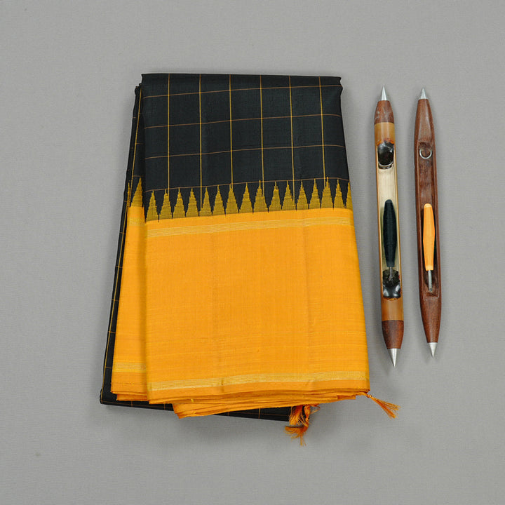 Hayagrivas Black Handloom Kanjivaram Silk Saree with Mustard Yellow Border KBD2064C5-1