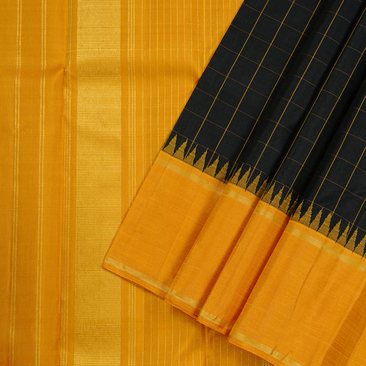 Hayagrivas Black Handloom Kanjivaram Silk Saree with Mustard Yellow Border KBD2064C5-1