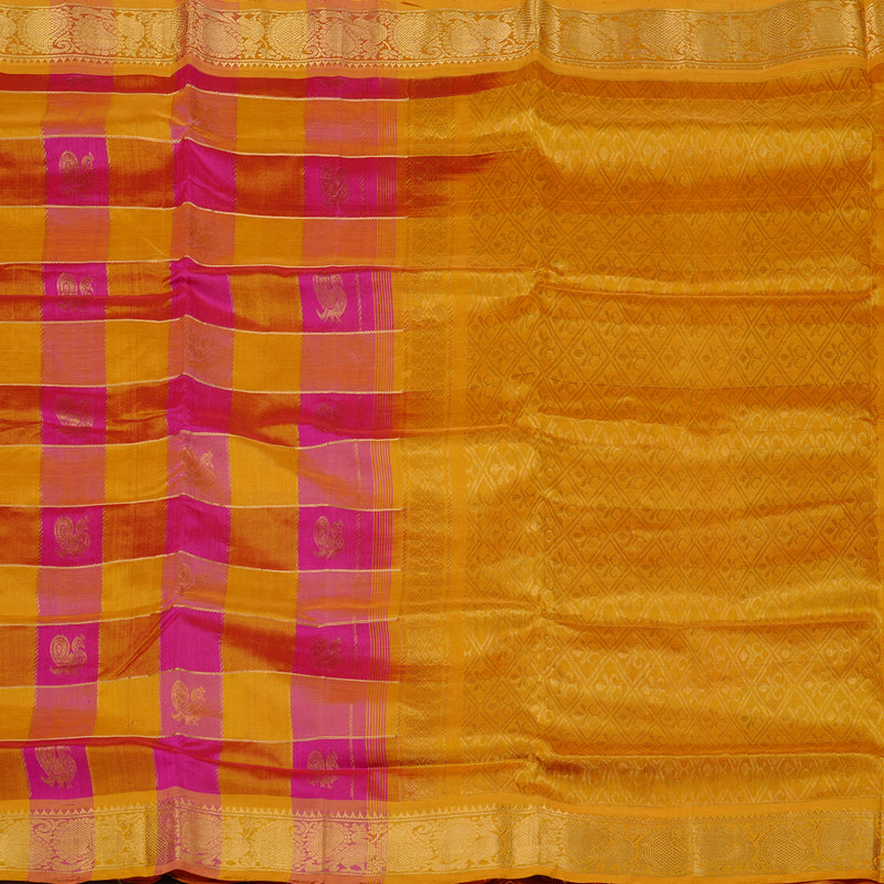 Hayagrivas Handloom Pure Silk Cotton Saree in Stunning Pink with Yellow Checks KBD2065C4-5