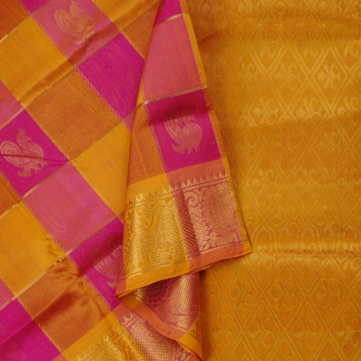 Hayagrivas Handloom Pure Silk Cotton Saree in Stunning Pink with Yellow Checks KBD2065C4-5