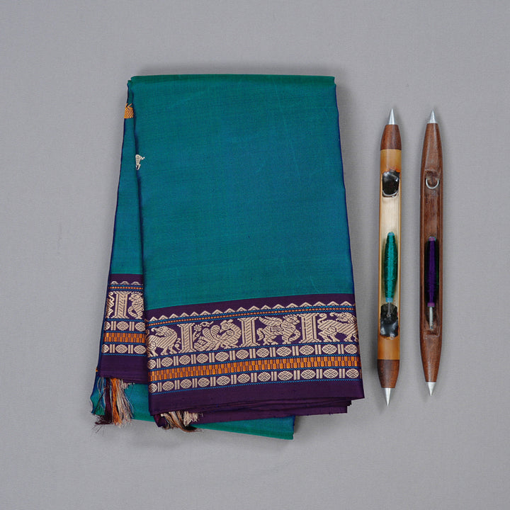 Hayagrivas Peacock Blue Handloom Kanjivaram Silk Saree with Purple Border KBD2066C1-1
