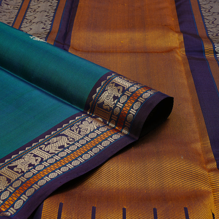 Hayagrivas Peacock Blue Handloom Kanjivaram Silk Saree with Purple Border KBD2066C1-1