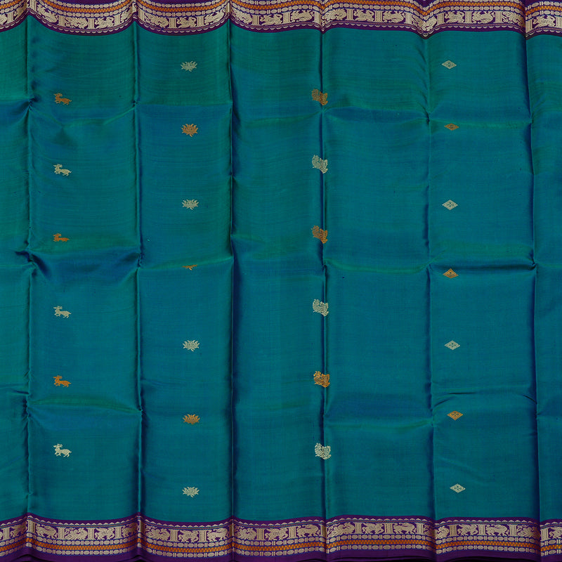 Hayagrivas Peacock Blue Handloom Kanjivaram Silk Saree with Purple Border KBD2066C1-1