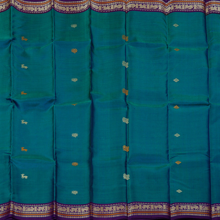 Hayagrivas Peacock Blue Handloom Kanjivaram Silk Saree with Purple Border KBD2066C1-1