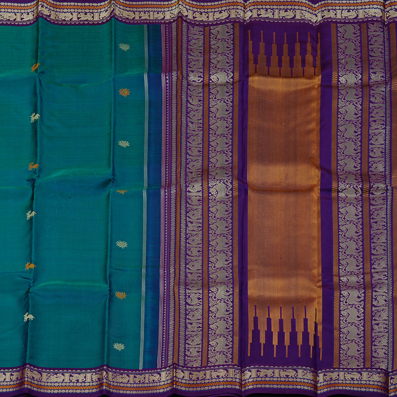 Hayagrivas Peacock Blue Handloom Kanjivaram Silk Saree with Purple Border KBD2066C1-1