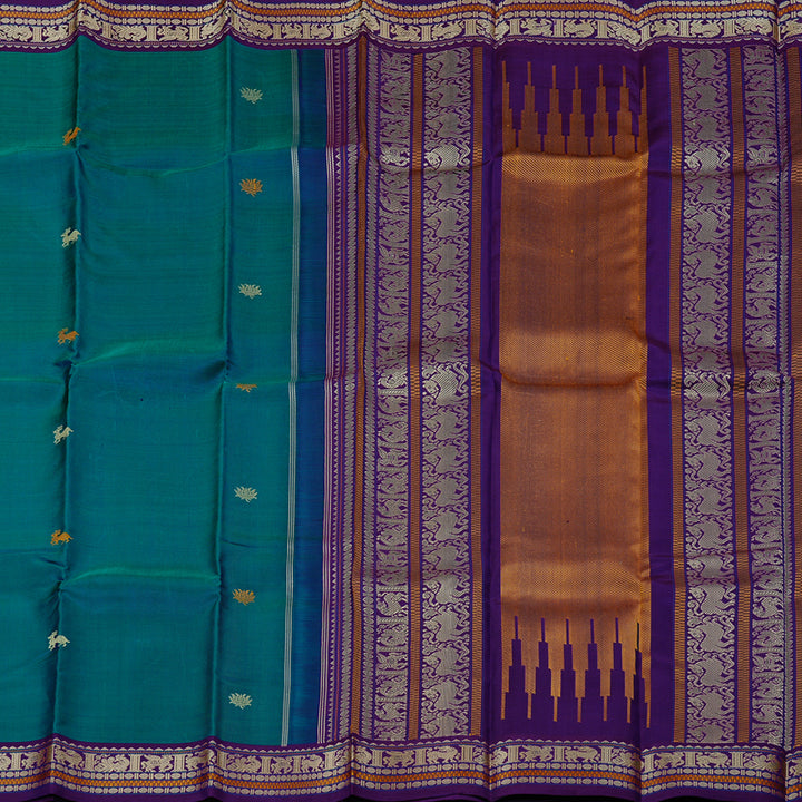 Hayagrivas Peacock Blue Handloom Kanjivaram Silk Saree with Purple Border KBD2066C1-1