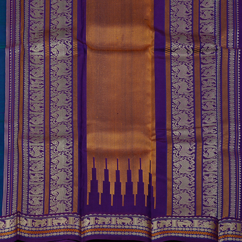 Hayagrivas Peacock Blue Handloom Kanjivaram Silk Saree with Purple Border KBD2066C1-1
