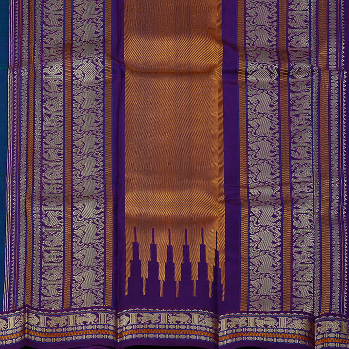 Hayagrivas Peacock Blue Handloom Kanjivaram Silk Saree with Purple Border KBD2066C1-1