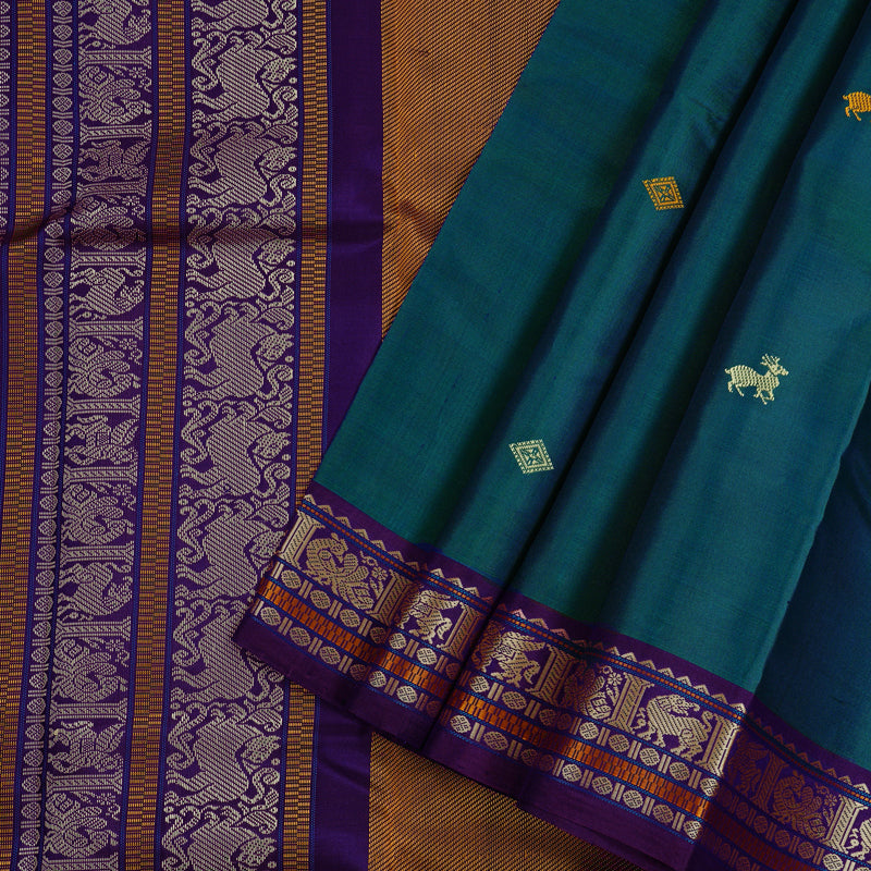 Hayagrivas Peacock Blue Handloom Kanjivaram Silk Saree with Purple Border KBD2066C1-1