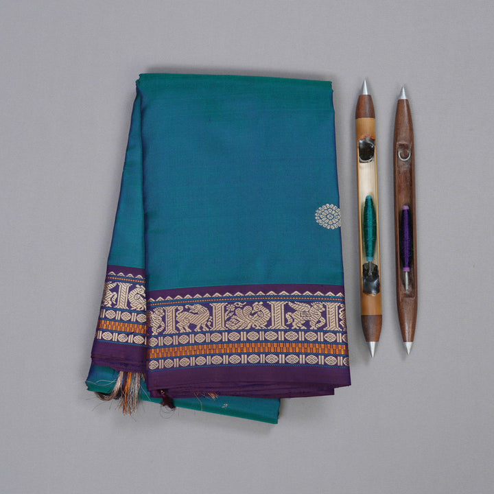 Hayagrivas Peacock Blue Handloom Kanjivaram Silk Saree with Dark Purple Border KBD2066C1-2