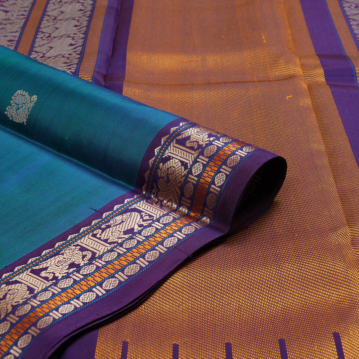 Hayagrivas Peacock Blue Handloom Kanjivaram Silk Saree with Dark Purple Border KBD2066C1-2