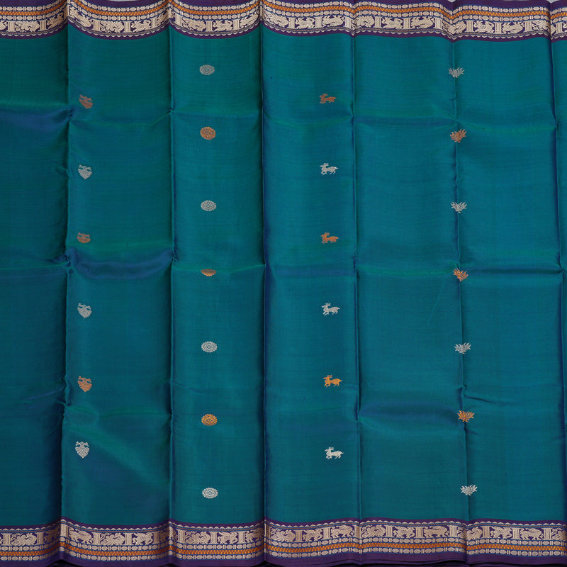 Hayagrivas Peacock Blue Handloom Kanjivaram Silk Saree with Dark Purple Border KBD2066C1-2