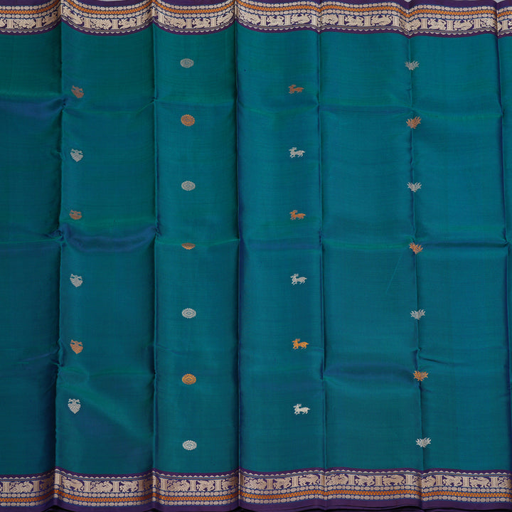 Hayagrivas Peacock Blue Handloom Kanjivaram Silk Saree with Dark Purple Border KBD2066C1-2