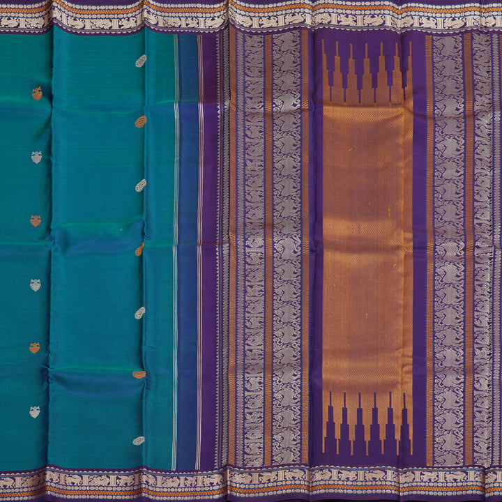Hayagrivas Peacock Blue Handloom Kanjivaram Silk Saree with Dark Purple Border KBD2066C1-2