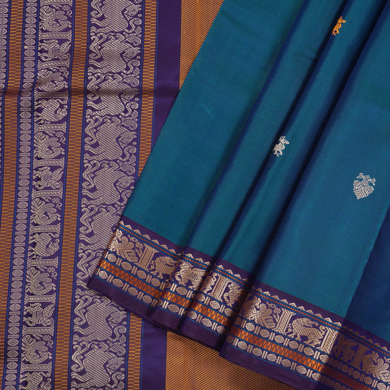 Hayagrivas Peacock Blue Handloom Kanjivaram Silk Saree with Dark Purple Border KBD2066C1-2