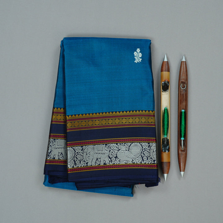Hayagrivas Dark Sky Blue Handloom Kanjivaram Silk Saree with Dark Blue Border KBD2066C2-1