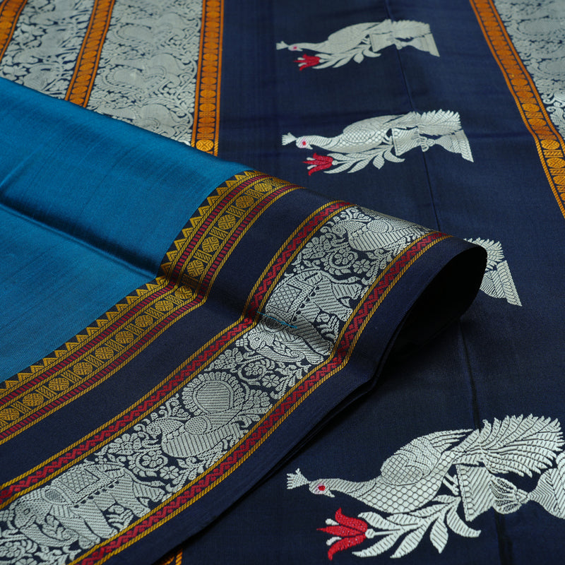Hayagrivas Dark Sky Blue Handloom Kanjivaram Silk Saree with Dark Blue Border KBD2066C2-1