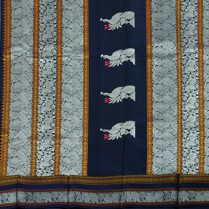 Hayagrivas Dark Sky Blue Handloom Kanjivaram Silk Saree with Dark Blue Border KBD2066C2-1