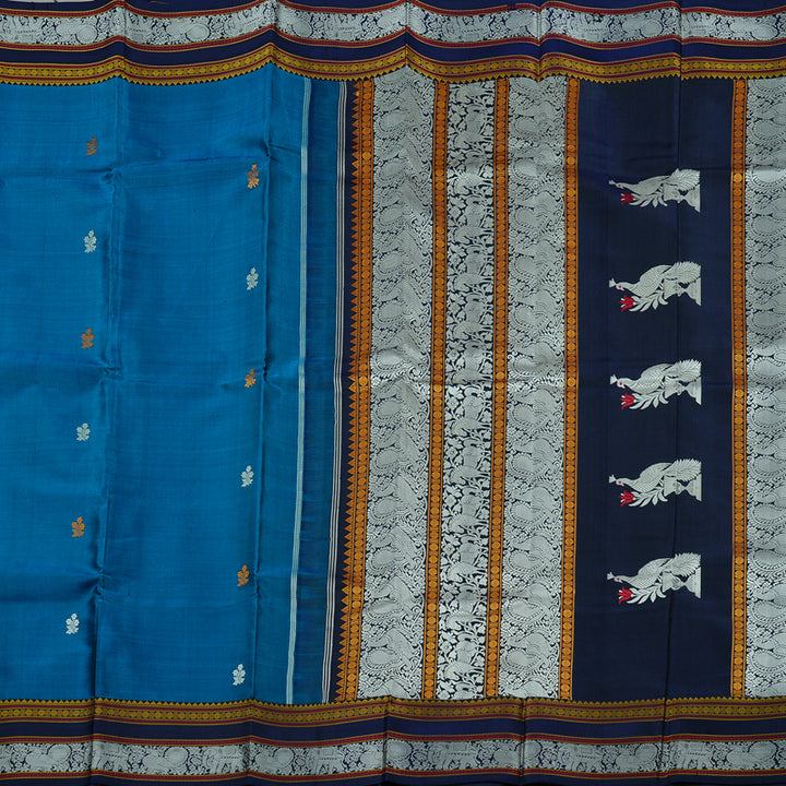 Hayagrivas Dark Sky Blue Handloom Kanjivaram Silk Saree with Dark Blue Border KBD2066C2-1