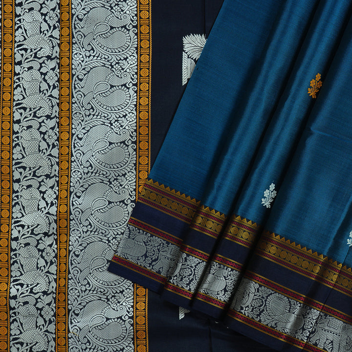 Hayagrivas Dark Sky Blue Handloom Kanjivaram Silk Saree with Dark Blue Border KBD2066C2-1