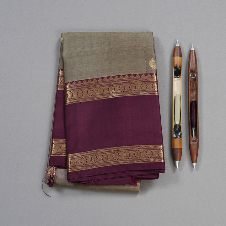 Hayagrivas Ash Grey Handloom Kanjivaram Silk Saree with Dark Purple Border KBD2066C3-12