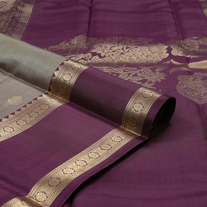 Hayagrivas Ash Grey Handloom Kanjivaram Silk Saree with Dark Purple Border KBD2066C3-12