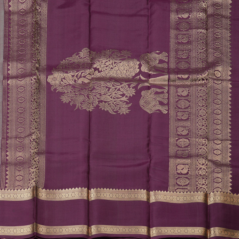 Hayagrivas Ash Grey Handloom Kanjivaram Silk Saree with Dark Purple Border KBD2066C3-12