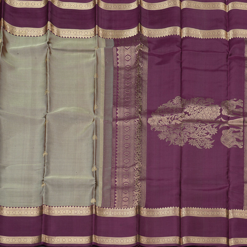 Hayagrivas Ash Grey Handloom Kanjivaram Silk Saree with Dark Purple Border KBD2066C3-12