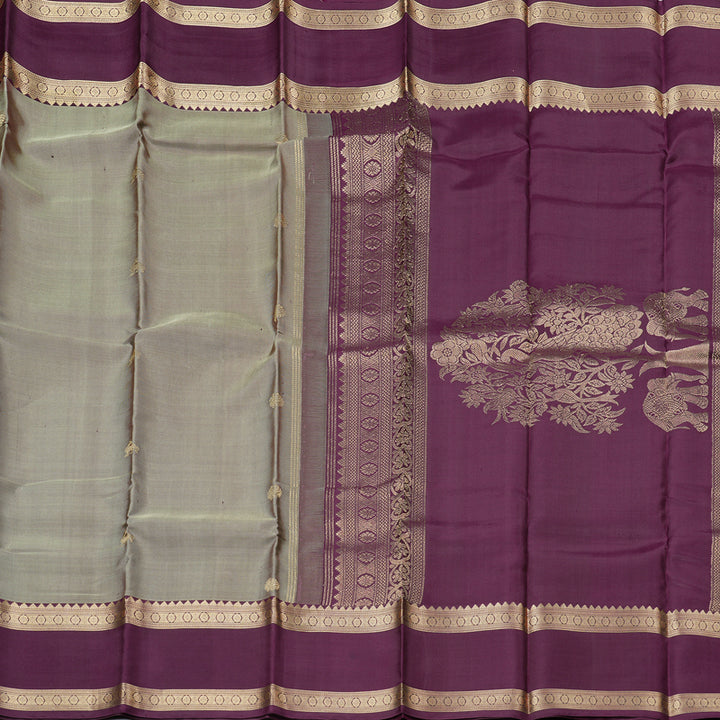 Hayagrivas Ash Grey Handloom Kanjivaram Silk Saree with Dark Purple Border KBD2066C3-12