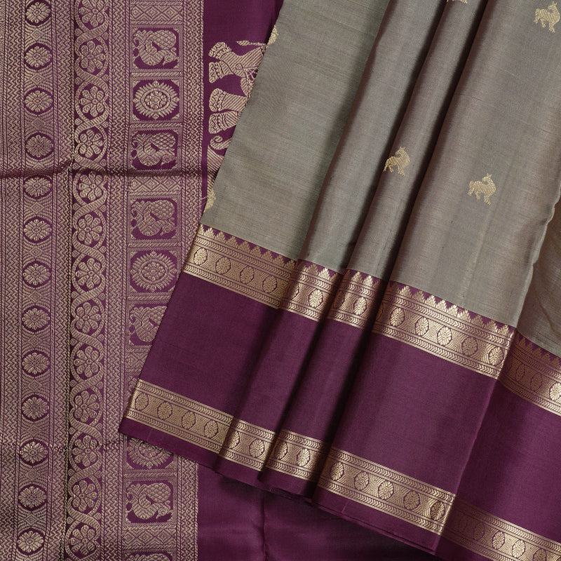 Hayagrivas Ash Grey Handloom Kanjivaram Silk Saree with Dark Purple Border KBD2066C3-12