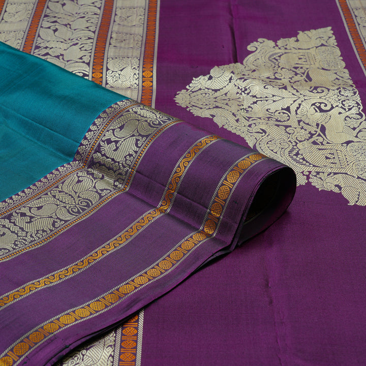 Hayagrivas Dark Sky Blue Handloom Kanjivaram Silk Saree with Purple Border KBD2066C5-23