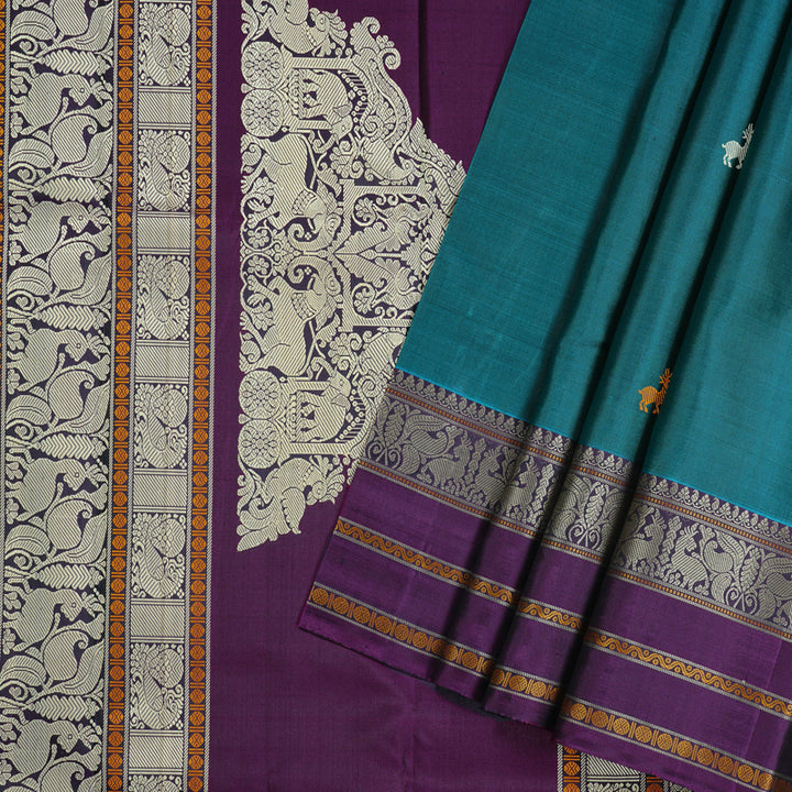 Hayagrivas Dark Sky Blue Handloom Kanjivaram Silk Saree with Purple Border KBD2066C5-23