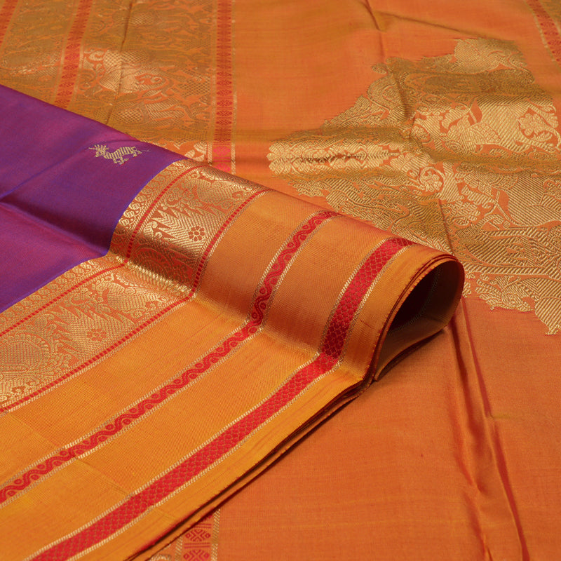 Hayagrivas Handloom Purple Kanjivaram Silk Saree with Golden Orange border KBD2066C5-8