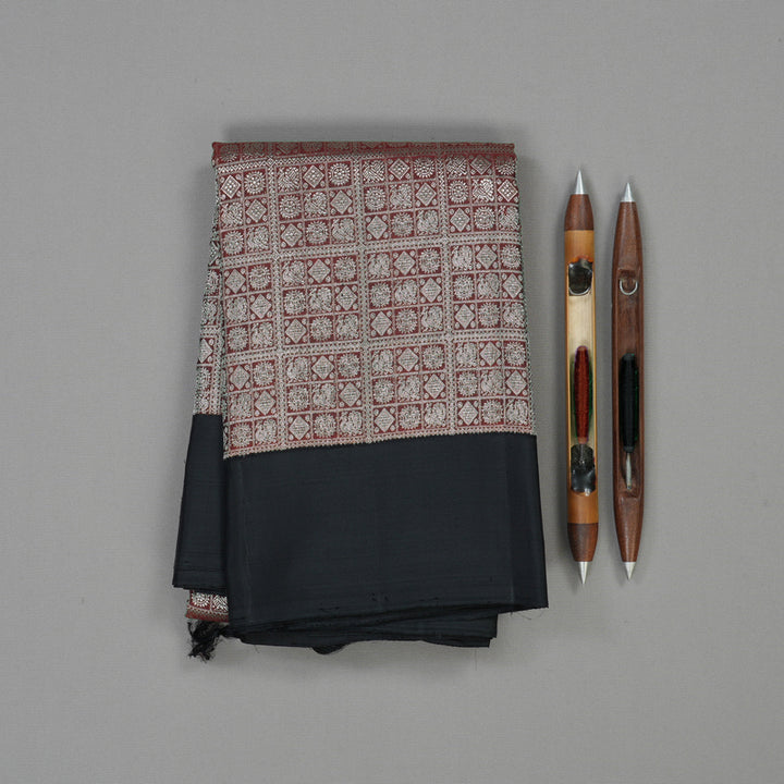 Hayagrivas Handloom Deep Wine Kanjivaram Silk Saree with Black Border KBD2069C12-1