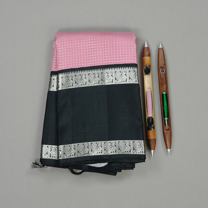 Hayagrivas Baby Pink Handloom Kanjivaram Silk Saree with Black Border KBD2069C18-1