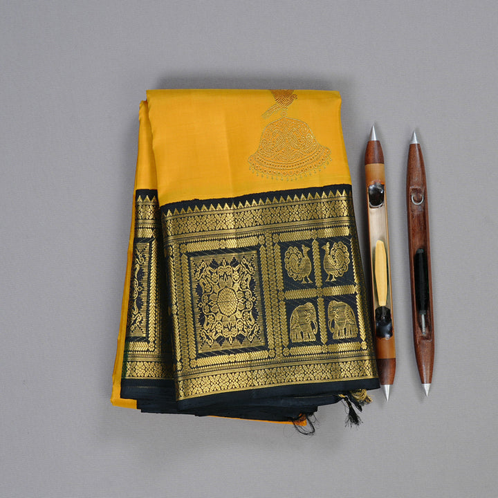 Hayagrivas Mustard Yellow Handloom Kanjivaram Silk Saree with Black Border KBD2069C2-1