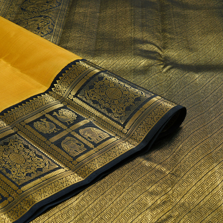 Hayagrivas Mustard Yellow Handloom Kanjivaram Silk Saree with Black Border KBD2069C2-1