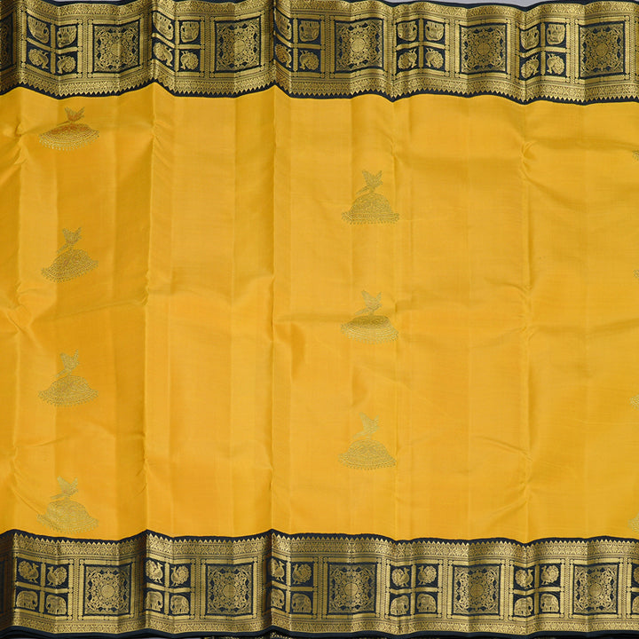 Hayagrivas Mustard Yellow Handloom Kanjivaram Silk Saree with Black Border KBD2069C2-1