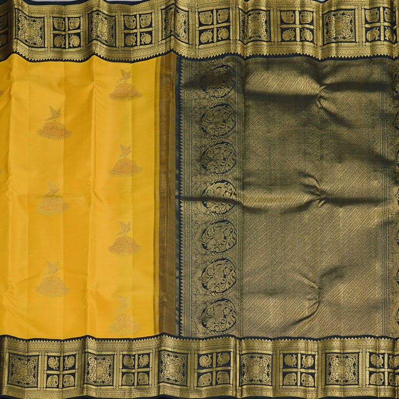 Hayagrivas Mustard Yellow Handloom Kanjivaram Silk Saree with Black Border KBD2069C2-1