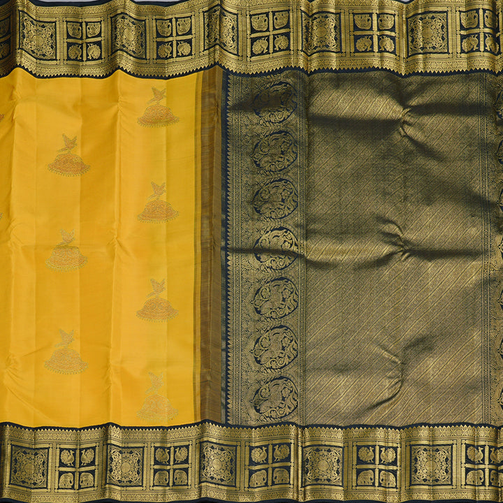 Hayagrivas Mustard Yellow Handloom Kanjivaram Silk Saree with Black Border KBD2069C2-1