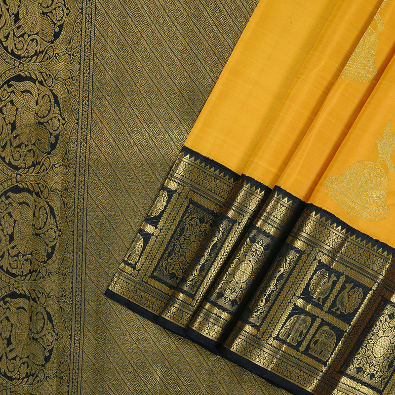 Hayagrivas Mustard Yellow Handloom Kanjivaram Silk Saree with Black Border KBD2069C2-1