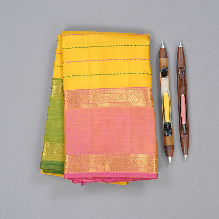 Hayagrivas Yellow Handloom Kanjivaram Silk Saree with Ganga Jamuna (Pink And Green) Border KBD2069C20-1