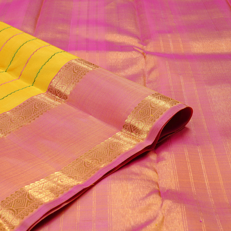 Hayagrivas Yellow Handloom Kanjivaram Silk Saree with Ganga Jamuna (Pink And Green) Border KBD2069C20-1