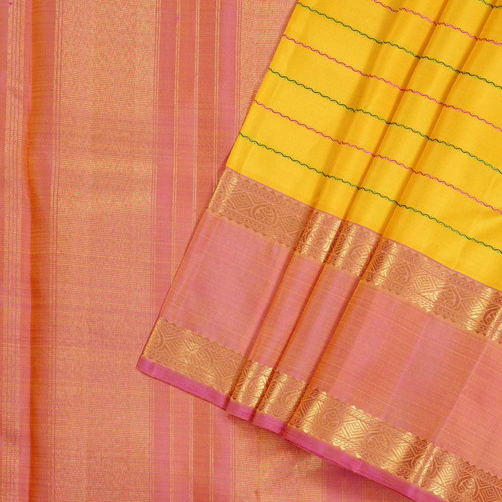 Hayagrivas Yellow Handloom Kanjivaram Silk Saree with Ganga Jamuna (Pink And Green) Border KBD2069C20-1