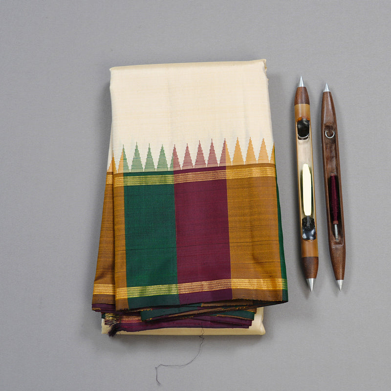 Hayagrivas Half White Handloom Kanjivaram Silk Saree with Multi Colour Border KBD2072C2-1