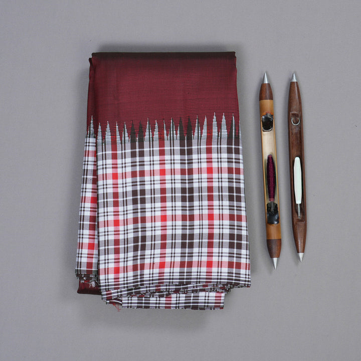 Hayagrivas Wine Maroon Handloom Kanjivaram Silk Saree with Multi Colour Checks Border KBD2073C17-1