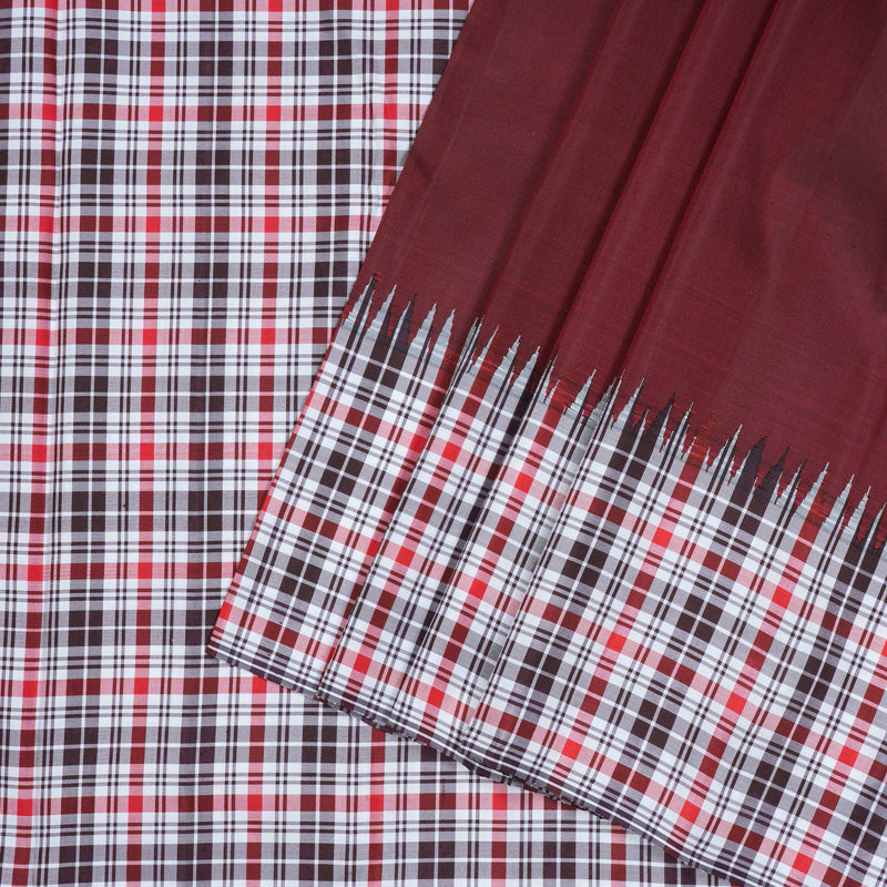 Hayagrivas Wine Maroon Handloom Kanjivaram Silk Saree with Multi Colour Checks Border KBD2073C17-1