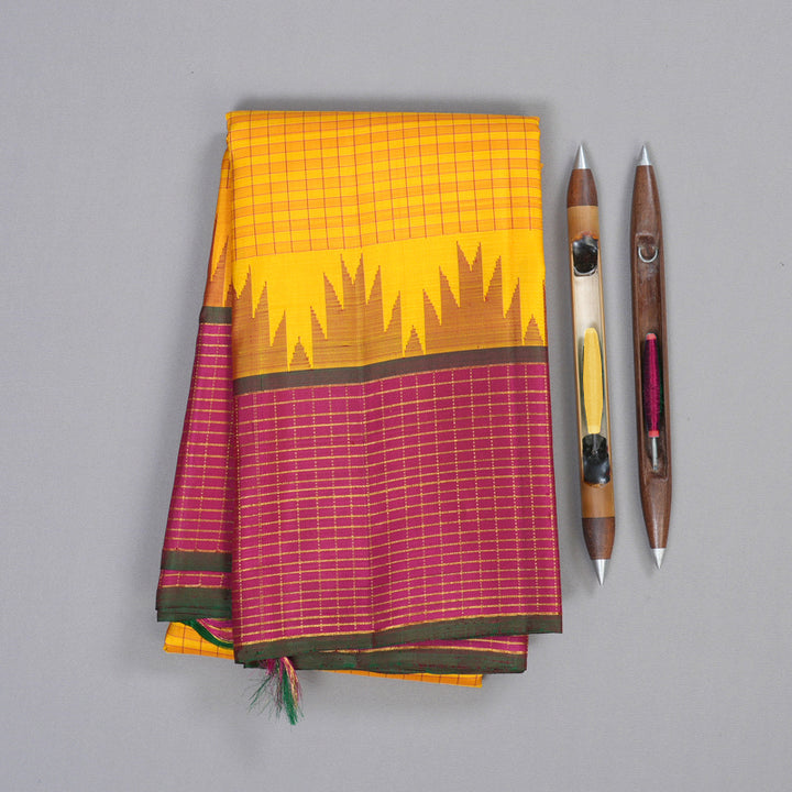 Hayagrivas Yellow Handloom Kanjivaram Silk Saree with Pink Border KBD2073C19-1